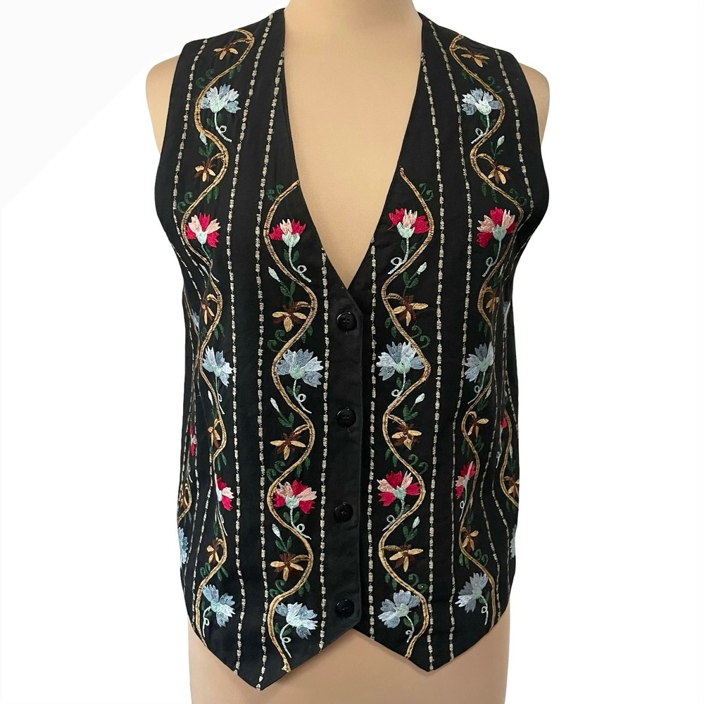 VTG AGAPO Floral Embroidered Black Vest Size S Cottagecore Boho Indie Grannycore